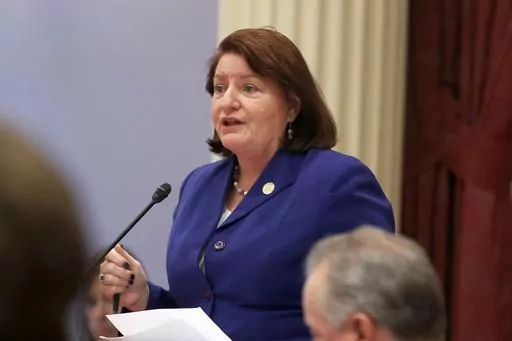 California state Senate President Pro Tem Toni Atkins, of San Diego, speaks on the floor of the Senate in Sacramento, Calif., on Sept. 12, 2019. Atkins on Wednesday, March 29, 2023, called for the state to end its ban on state-funded travel to states with policies that discriminate against LGBTQ people. The ban now covers almost half of the 50 states and Atkins says it has put a burden on academic researchers and sports teams at public colleges and universities. (AP Photo/Rich Pedroncelli, File)