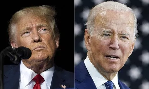 This combination of photos shows former President Donald Trump, left, and President Joe Biden, right. This year’s midterm elections are playing out as a strange continuation of the last presidential race — and a potential preview of the next one. (AP Photo/File)