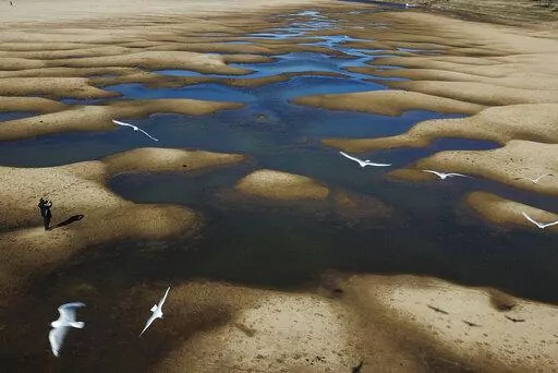 Birds fly over a man taking photos of the exposed riverbed of the Old Parana River, a tributary of the Parana River, during a drought in Rosario, Argentina, on July 29, 2021. Climate change isn’t causing the multi-year drought that is devastating parts of Argentina, Uruguay, Brazil and Bolivia, but warming is worsening some of the dry spell’s impacts, a new study says. (AP Photo/Victor Caivano, File)