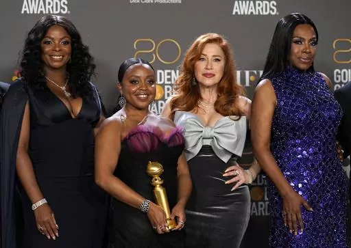Janelle James, from left, Quinta Brunson, Lisa Ann Walter and Sheryl Lee Ralph pose in the press room with the award for best television series, musical or comedy for "Abbott Elementary" at the 80th annual Golden Globe Awards on Tuesday, Jan. 10, 2023, in Beverly Hills, Calif. For decades, the week in May when television executives revealed what new shows were coming and which old ones were going spoke to the power and influence that ABC, CBS, NBC and Fox had over popular culture. This past week