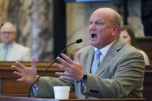 Senate Judiciary A Committee Chairman Brice Wiggins, R-Pascagoula, calls out for support to help to combat crime in Jackson, Miss., by supporting the controversial Jackson Capitol Complex Improvement District bill, Thursday, March 30, 2023, at the Capitol in Jackson, Miss. (AP Photo/Rogelio V. Solis)