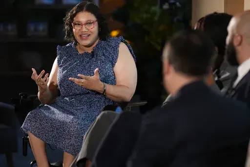 Daphne Frias speaks during an event at United Nations headquarters, Thursday, Sept. 26, 2024. (AP Photo/Seth Wenig)