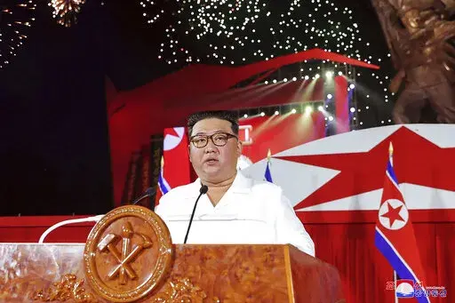 In this photo provided by the North Korean government, North Korean leader Kim Jong Un delivers his speech during a ceremony to mark the 69th anniversary of the signing of the ceasefire armistice that ends the fighting in the Korean War, in Pyongyang, North Korea Wednesday, July 27, 2022. Independent journalists were not given access to cover the event depicted in this image distributed by the North Korean government. The content of this image is as provided and cannot be independently verified.