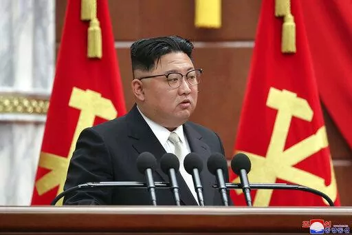 In this photo provided by the North Korean government, North Korean leader Kim Jong Un speaks during a meeting of the ruling Workers’ Party at its headquarters in Pyongyang, North Korea Sunday, Feb. 26, 2023. Independent journalists were not given access to cover the event depicted in this image distributed by the North Korean government. The content of this image is as provided and cannot be independently verified. Korean language watermark on image as provided by source reads: "KCNA" which i