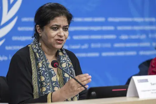 Sara Hossain, Chair of the Iran Fact-Finding Mission, speaks during a press conference about the launch of the Iran Fact-Finding Mission's latest report, at the European headquarters of the United Nations, in Geneva, Switzerland, Friday, March 14, 2025. (Martial Trezzini/Keystone via AP)