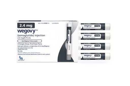 This image provided by Novo Nordisk on Friday, June 4, 2021 shows a package of injection pens for the company's semaglutide medication, named Wegovy. People taking the popular diabetes and obesity drugs Ozempic and Wegovy had a lower risk of suicidal thoughts than those taking other medications to treat the same conditions, according to research, funded by the U.S. National Institutes of Health, published Friday, Jan. 5, 2023. It comes as European and U.S. regulators look into anecdotal reports 