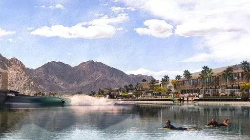 This artist rendering provided by REM Public Relations shows a rendering of a proposed Coral Mountain Resort with a large human-made surf lagoon that is proposed for the region around Palm Springs, Calif. Hours from the California coast, surfers are hoping one of the next spots where they can catch a wave is in the hot, dry desert where summer temperatures often soar above 100 degrees. (CCY Architects/REM Public Relations via AP)