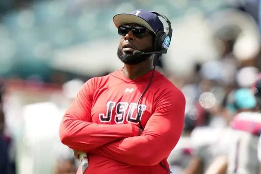 Jackson State head coach T.C. Taylor watches during the first half of the Orange Blossom Classic NCAA college football game against Florida A&M, Sunday, Sept. 3, 2023, in Miami Gardens, Fla. (AP Photo/Lynne Sladky)