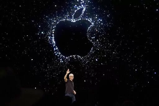 Apple CEO Tim Cook speaks at an Apple event on the campus of Apple's headquarters in Cupertino, Calif., on Sept. 7, 2022. Apple Music is about to reach a huge numerical milestone — offering an eye-popping 100 million songs available on the streaming service. (AP Photo/Jeff Chiu, File)