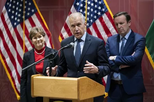 Senator Thom Tillis, co-chair of the Senate NATO Observer Group speaks, during a press conference, in Budapest, Sunday, Feb. 18, 2024. Two U.S. senators will submit a bipartisan resolution to Congress condemning democratic backsliding in Hungary and urging its nationalist government to lift its block on Sweden's accession into the NATO military alliance. The resolution, authored by U.S. Sens. Jeanne Shaheen, a New Hampshire Democrat, and Thom Tillis, a North Carolina Republican, comes as Hungary