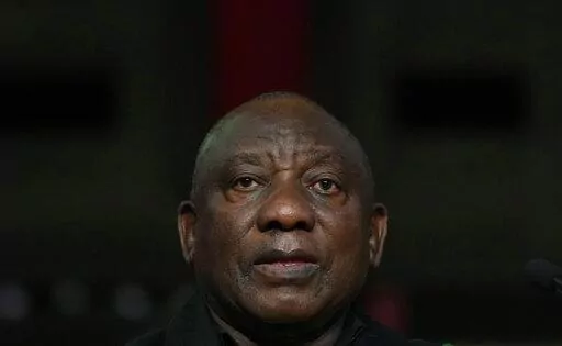 President of ruling African National Congress (ANC) and South Africa President Ramaphosa delivers his closing speech for the 6th National Policy Conference in Johannesburg, South Africa, Sunday, July 31, 2022. (AP Photo/Themba Hadebe)