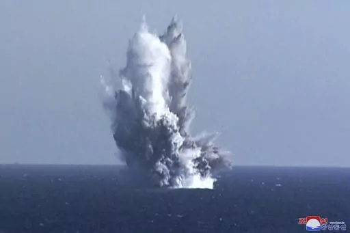 This photo provided by the North Korean government, shows what it says is an underwater blast of test warhead loaded to an unmanned underwater nuclear attack craft "Haeil" during an exercise around Hongwon Bay in waters off North Korea's eastern coast Thursday, March 23, 2023. Independent journalists were not given access to cover the event depicted in this image distributed by the North Korean government. The content of this image is as provided and cannot be independently verified. Korean lang