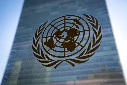 The symbol of the United Nations is displayed outside the Secretariat Building during an emergency meeting of the UN General Assembly, Monday, Feb. 28, 2022, at the United Nations Headquarters, in New York. As 191 countries approach the end to a four-week conference to review the landmark U.N. treaty aimed at curbing the spread of nuclear weapons, Russia’s invasion of Ukraine and takeover of Europe’s largest nuclear power plant and rivalries between the West and China were posing key obstacl