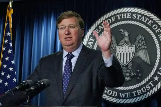 Mississippi Gov. Tate Reeves speaks during a news conference, May 18, 2022, in Jackson, Miss. The Republican governor signed bills in April to create a $10 million infrastructure grant program for private schools, staring in July. On Wednesday, June 15, 2022, Parents for Public Schools filed a lawsuit challenging the grant program and saying the Mississippi Constitution bans the use of public money for private schools. (AP Photo/Rogelio V. Solis, File)